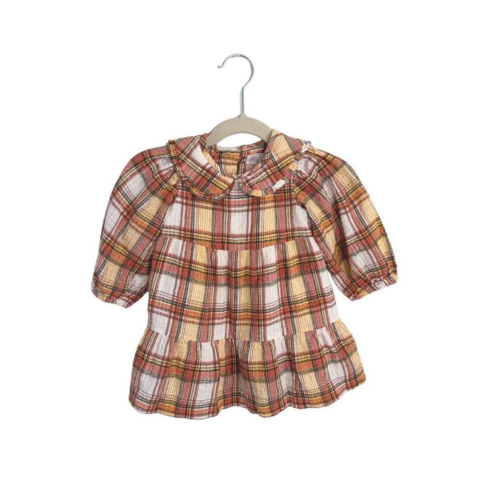 Zara Baby Girl Plaid Tiered Dress Peter Pan Collar Rust Mustard 12-18 Months
